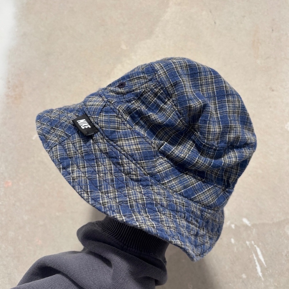 Nike Bucket Hat Blue Grey Plaid Checkered Cotton Made in USA Vintage Style L/XL